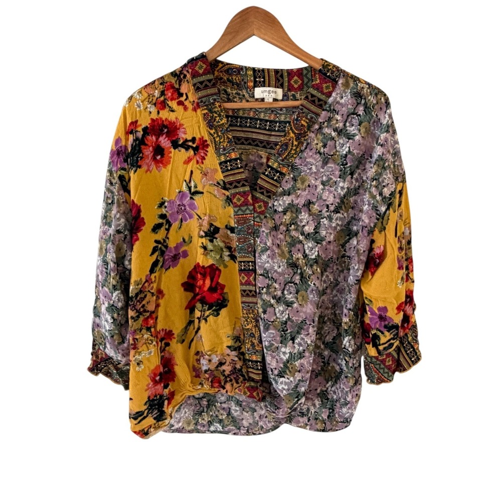 Umgee Floral Patchwork Tunic Top Womens L Multicolor Boho 3/4 Sleeve Resort